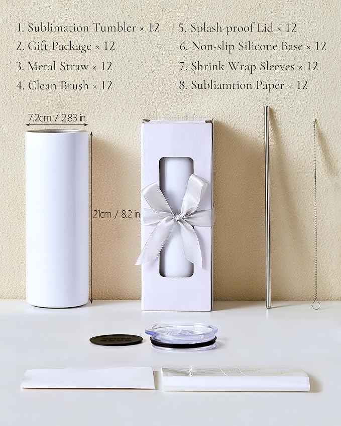 12 Pack 20oz Sublimation Tumbler Skinny Straight Bulk, Stainless Steel Double-Walled Insulated Sublimation Tumbler Blank for Heat Transfer, Gift Box - Image 2