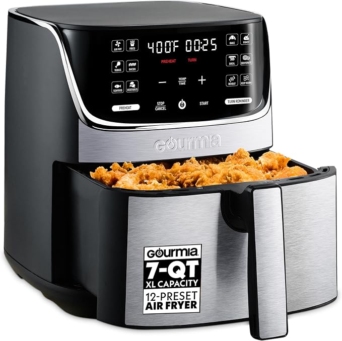 Gourmia Air Fryer - 7 Qt Capacity, LED Display, 12 One-Touch Presets, FryForce 360° Technology, Nonstick Dishwasher-Safe Basket & Crisper Tray, Stainless Steel by Gourmia