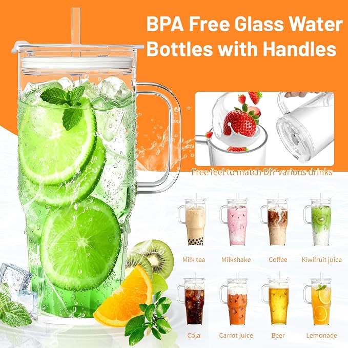 Birity 40OZ Borosilicate Glass Tumbler with Handle,Glass Cup with Lid and Straw-Reusable Iced Coffee Cup with Lid for Boba, Smoothies,Beer,Juice|Suitable for Gifts,Travel,Outdoor,Partys&Home - Image 3