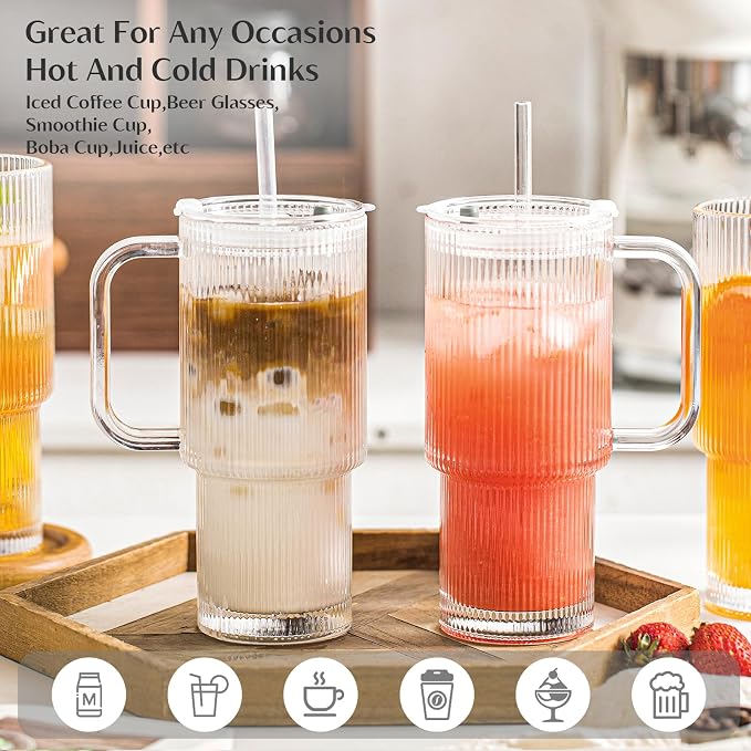 INSETLAN 24oz Ribbed Glass Tumbler with Handle & Lid – 4-Pack Large Iced Coffee Cups with Straws, Modern Glass Mug for Cold & Hot Beverages, Aesthetic Travel Cup for Smoothies, Tea, and Juice - Image 5