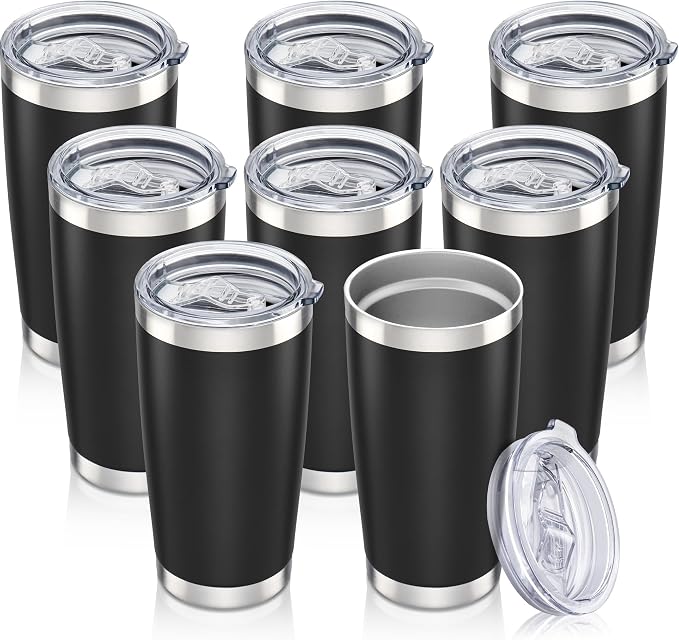 20 oz Tumbler with Lid Stainless Steel Insulated Tumblers Bulk Double Wall Vacuum Cups Powder Coated Travel Mug Keep Drink Cold and Hot, Black, 8 Pack by Orebigo