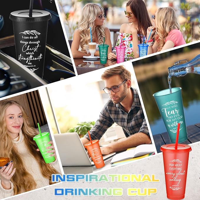 Havawish 12 Pcs Mothers Day Christian Tumbler Gift Bulk Religious Inspirational 24 oz Drinking Jesus Cup with Lid Straw Bible Verse Plastic Cup for Church Father Teacher First Communion (Colour) - Image 5