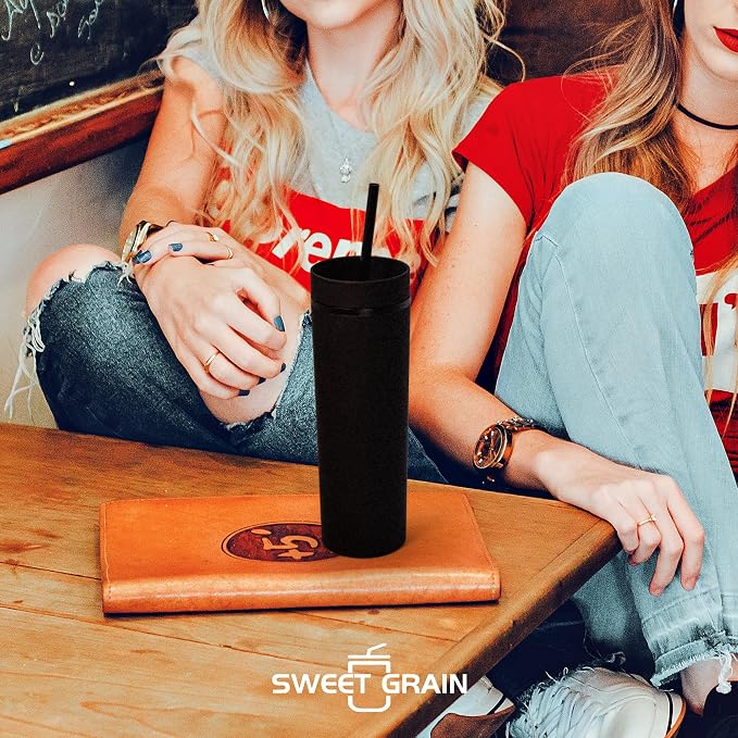 sweet grain Skinny Tumblers with Lids and Straws(6 Pack) - 16oz Matte Pastel Colored Skinny Acrylic Tumblers, Double Wall Plastic Tall Skinny Tumblers Bulk for Cold Hot Drinks - Black - Image 2