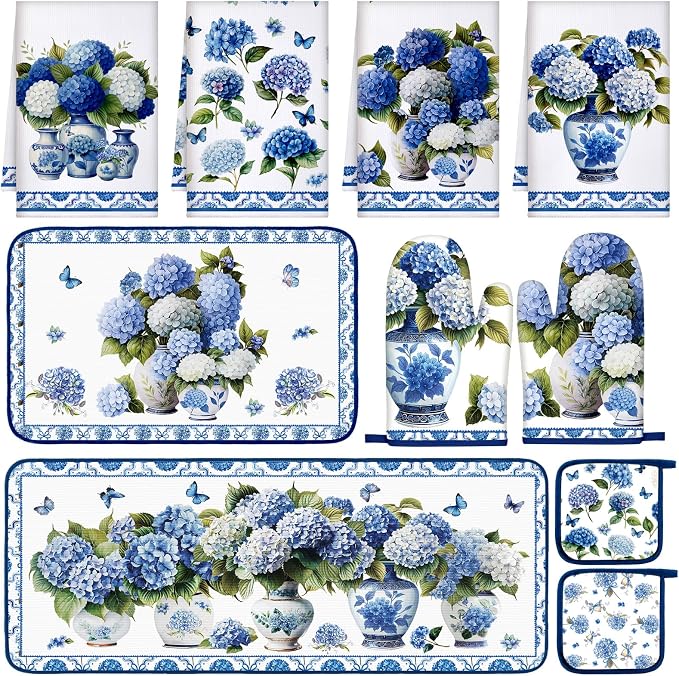 Fanfanwin 10 Pcs Chinoiserie Blue White Hydrangea Kitchen Decor Set Blue and by Fanfanwin