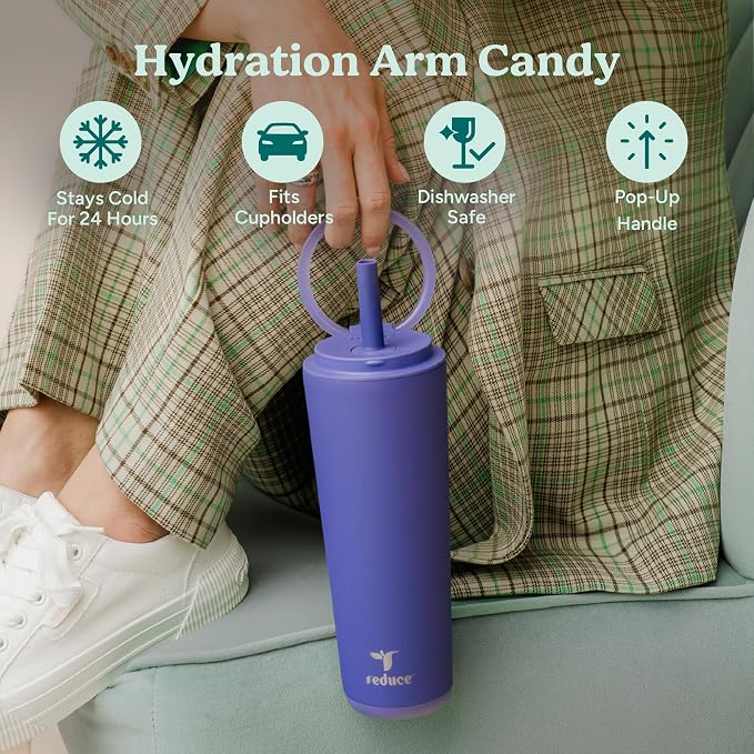 REDUCE Halo 24 oz Stainless Steel Vacuum Insulated Tumbler - Spill Proof Travel Mug with Flip Handle Lid - Keeps Drinks Cold for 32 Hrs - Dishwasher Safe - Cupholder Friendly - Glacier - Image 3