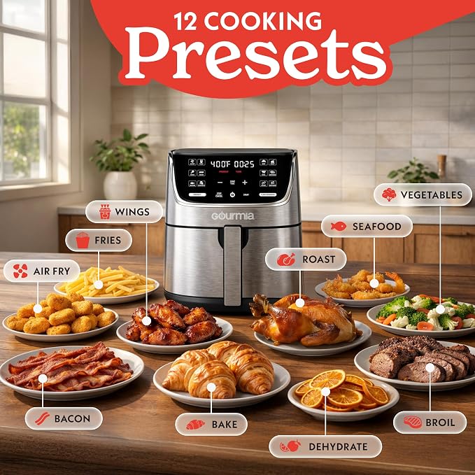 Gourmia Air Fryer - 7 Qt Capacity, LED Display, 12 One-Touch Presets, FryForce 360° Technology, Nonstick Dishwasher-Safe Basket & Crisper Tray, Stainless Steel - Image 2