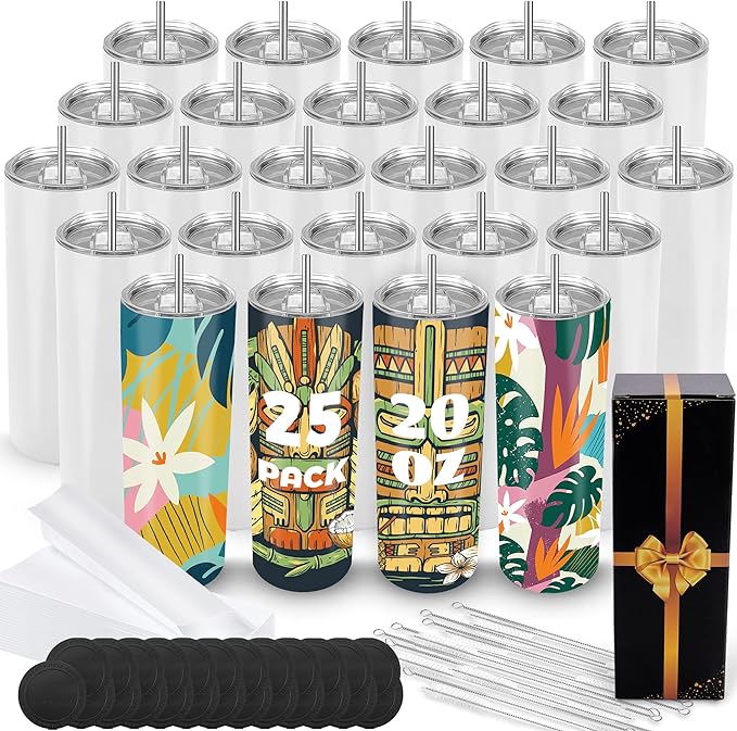 Joyclub 25 Pack 20 oz Sublimation Tumblers Bulk Sublimation Blanks for Heat Transfer Double Wall Insulated Straight SkinnyTumbler with Individually Gift Box and Shrink Wrap Film by Joyclub