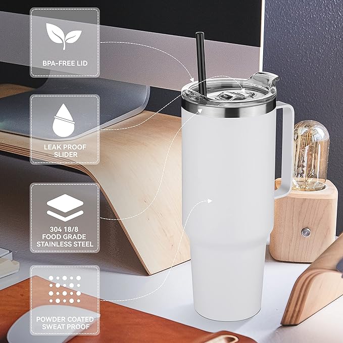 HASLE OUTFITTERS 40 oz Stainless Steel Tumbler with Handle, Vacuum Insulated Tumblers Bulk, Reusable Double Wall Travel Coffee Mug, Durable Powder Coated Water Bottles(White, 8) - Image 4