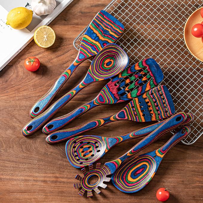 Gudamaye Pakka wood 7-Piece Blue Wooden Cooking Utensils, Wooden Spoons - Image 2