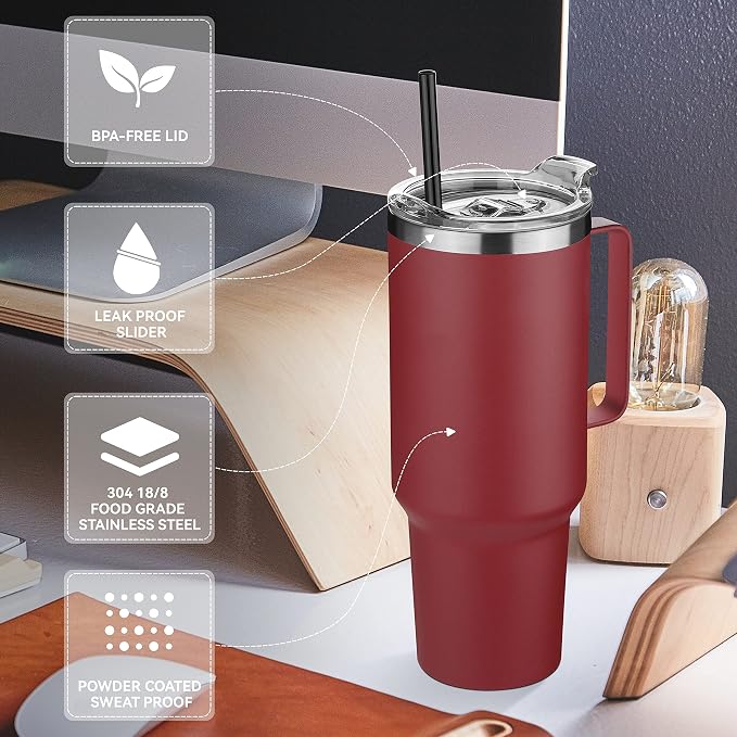 HASLE OUTFITTERS 40 oz Stainless Steel Tumbler with Handle, Vacuum Insulated Tumblers Bulk, Reusable Double Wall Travel Coffee Mug, Durable Powder Coated Water Bottles(Wine Red, 8) - Image 4
