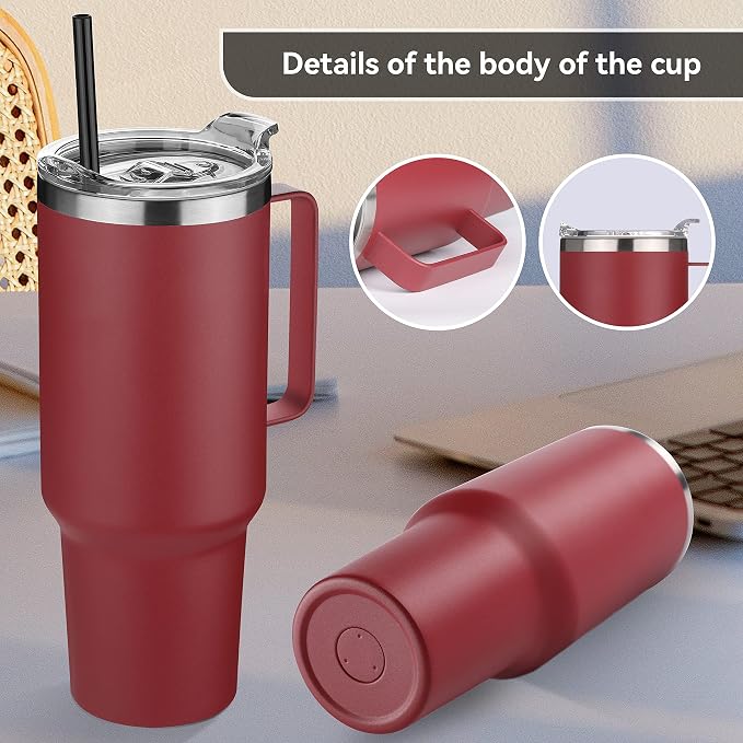HASLE OUTFITTERS 40 oz Stainless Steel Tumbler with Handle, Vacuum Insulated Tumblers Bulk, Reusable Double Wall Travel Coffee Mug, Durable Powder Coated Water Bottles(Wine Red, 4) - Image 5