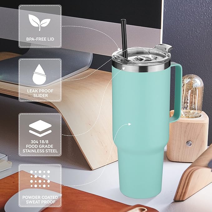 HASLE OUTFITTERS 40 oz Stainless Steel Tumbler with Handle, Vacuum Insulated Tumblers Bulk, Reusable Double Wall Travel Coffee Mug, Durable Powder Coated Water Bottles(Mint Green, 4) - Image 4