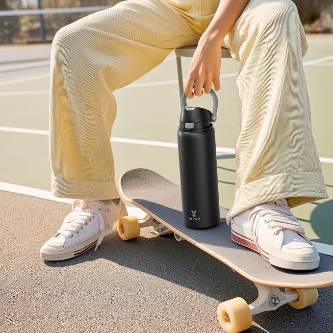 32 oz Insulated Water Bottle with Straw: Meoky Stainless Steel Metal Water Bottle with 2-in-1 Lid - Leak Proof, Cold for 24 Hours, Protective Silicone Base, BPA-Free for Sports Gym, Cream - Image 9