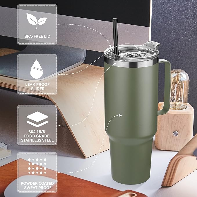HASLE OUTFITTERS 40 oz Stainless Steel Tumbler with Handle, Vacuum Insulated Tumblers Bulk, Reusable Double Wall Travel Coffee Mug, Durable Powder Coated Water Bottles(Army Green, 8) - Image 4