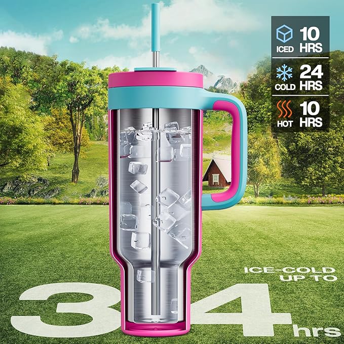 POWCAN 50 oz Tumbler with Handle, 2-in-1 Straw and Sip Lid, Leakproof, Dishwasher Safe, Insulated Stainless Steel Travel Coffee Mug, Keeps Cold for 34 Hours, Fits in Car Cup Holder (Petal) - Image 2