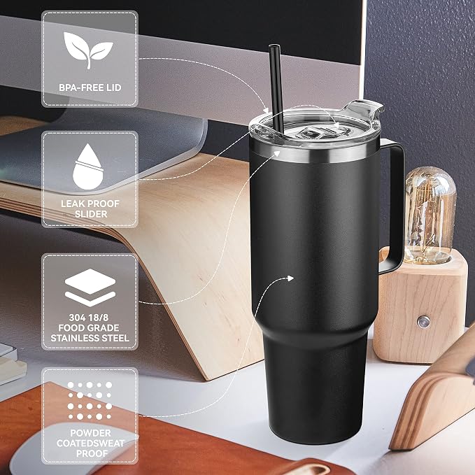 HASLE OUTFITTERS 40 oz Stainless Steel Tumbler with Handle, Vacuum Insulated Tumblers Bulk, Reusable Double Wall Travel Coffee Mug, Durable Powder Coated Water Bottles(Black, 8) - Image 4