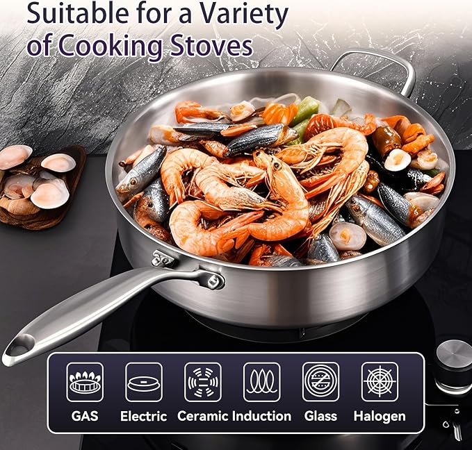 LOLYKITCH 5 Quarts Tri-Ply Stainless Steel Sauté Pan wih Lid, 12 Inch Deep - Image 4