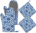 Oven Mitts and Pot Holders Sets Blue White Floral Silicone Kitchen Mits by BIGXIUKA