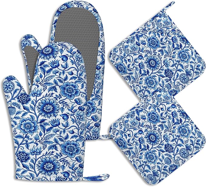 Oven Mitts and Pot Holders Sets Blue White Floral Silicone Kitchen Mits by BIGXIUKA