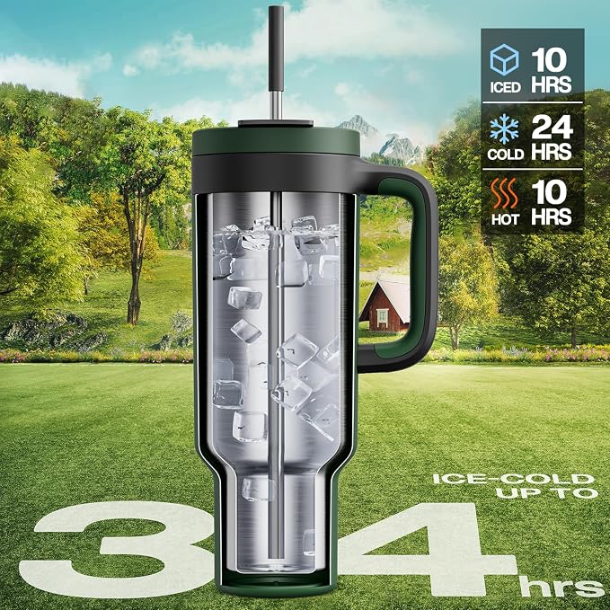 POWCAN 50 oz Tumbler with Handle, 2-in-1 Straw and Sip Lid, Leakproof, Dishwasher Safe, Insulated Stainless Steel Travel Coffee Mug, Keeps Cold for 34 Hours, Fits in Car Cup Holder (Forest) - Image 2