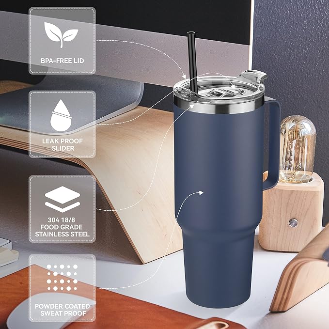 HASLE OUTFITTERS 40 oz Stainless Steel Tumbler with Handle, Vacuum Insulated Tumblers Bulk, Reusable Double Wall Travel Coffee Mug, Durable Powder Coated Water Bottles(Navy, 4) - Image 4