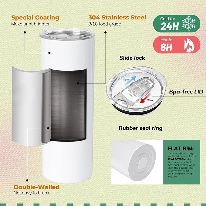 Joyclub 1 Pack Sublimation Tumbler 20 oz Bulk Blank Tumblers Skinny Straight Flat Bottom Cups White with Lid and Straw - Image 4