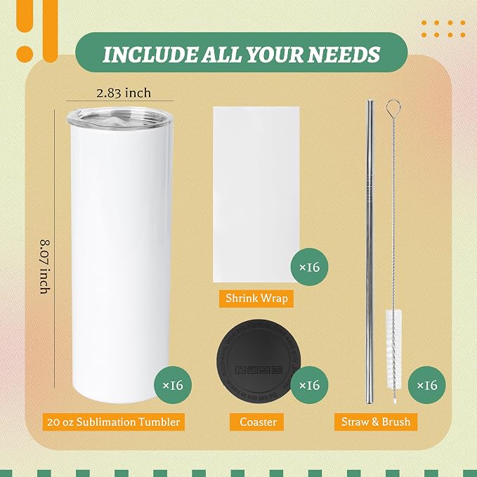 Joyclub 16 Pack Sublimation Tumblers Blanks 20 oz Flat Edge Skinny Straight Sublimation Cups With Lids and Straws for Heat Press No Gift Boxes - Image 3